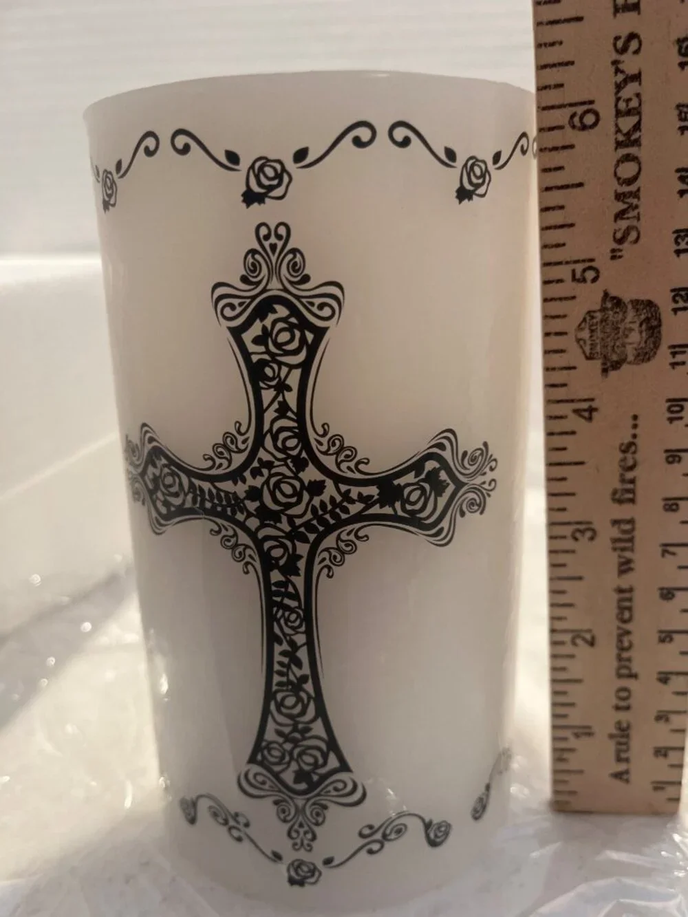Decorative LED Flameless Candle With Black Cross Design & Timer Function
